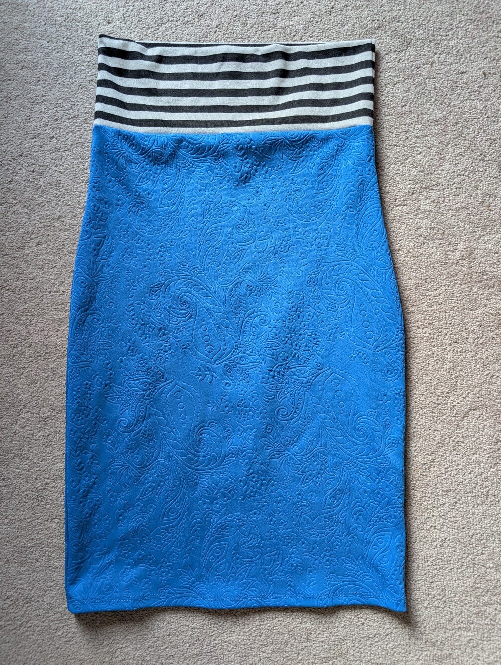 Agnes & Dora Blue Paisley Y2K Pencil Skirt with Black & White Striped Waistband